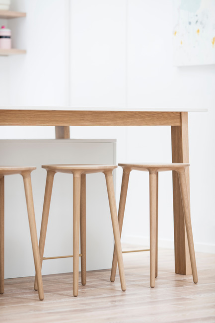 Press kit | 1077-03 - Press release | The C401 stoolA strong formal presence - Kastella - Industrial Design - Trio of counter height white oak C401s<br> - Photo credit: Adrien Williams<br>