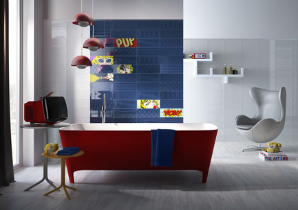 Press kit | 1606-01 - Press release | A new tile collection inspired by the Pop Art of Roy Lichtenstein - Ceratec - Product - Bathroom - Tiles showned: POP F & W, Cool F and Cartoon mix   - Photo credit:  POP Series By Ceratec 