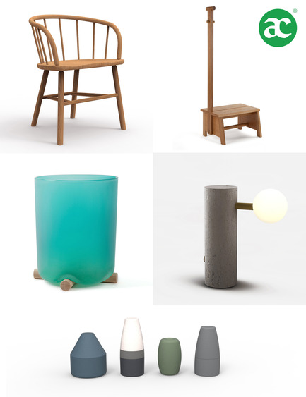 Press kit | 1189-03 - Press release | Another Country celebrate their fifth birthday with launch of Dorset Series studio line - Another Country - Industrial Design - From left: Hardy Chair by David Irwin<br>Solid oak and brass step stool by Catherine Aitken<br>Vase by Note<br>Jurassic Light 117 by Studio Dessuant Bone<br>Purbeck Buoys by David Irwin<br> - Photo credit: Another Country