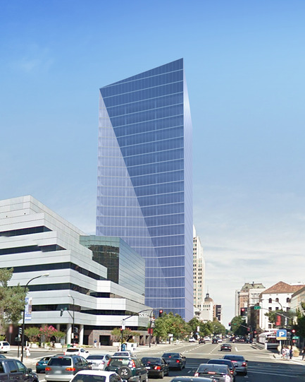 Press kit | 1204-02 - Press release | Pei Cobb Freed & Partners Designs an Iconic Tower for Downtown Sacramento - Pei Cobb Freed & Partners - Commercial Architecture - View east along J Street. The tower’s triangular faces create a subtle play of light and shadow.   - Photo credit: Pei Cobb Freed & Partners