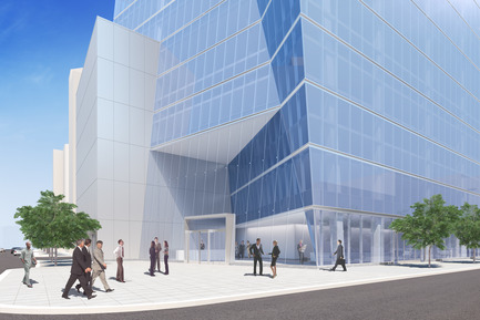 Press kit | 1204-02 - Press release | Pei Cobb Freed & Partners Designs an Iconic Tower for Downtown Sacramento - Pei Cobb Freed & Partners - Commercial Architecture - The podium base projects beyond the tower to define a generous entry plaza at the southwest corner. - Photo credit: Pei Cobb Freed & Partners