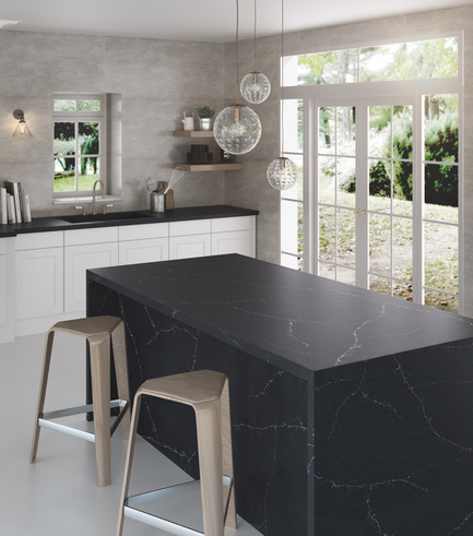 Press kit | 2349-01 - Press release | Silestone Unveils Eternal Collection with new N-Boost Technology - Cosentino - Product - Charcoal Soapstone draws inspiration from the natural beauty of blue-grey Soapstone with its contrast between a deep charcoal foundation and the white veining. <br>   - Photo credit: Cosentino