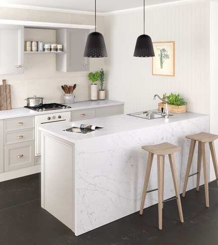 Press kit | 2349-01 - Press release | Silestone Unveils Eternal Collection with new N-Boost Technology - Cosentino - Product - Eternal Statuario is inspired by classic Italian Carrara marble with fine, feathered veining that combines white and grey tones.<br>  - Photo credit: Cosentino