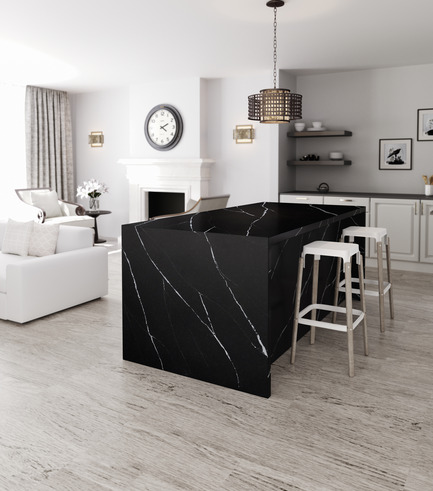 Press kit | 2349-01 - Press release | Silestone Unveils Eternal Collection with new N-Boost Technology - Cosentino - Product - Inspired by Black Marquina marble, Eternal Marquina is striking with its rich, black background and intense, white details. <br>   - Photo credit: Cosentino