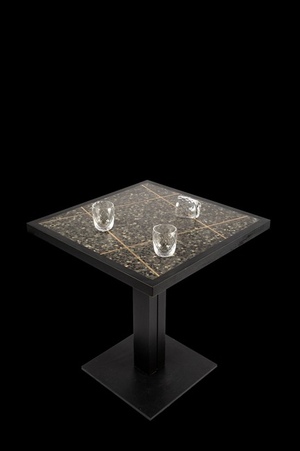 Press kit | 3823-01 - Press release | Berlin Bar, Moscow - Thilo Reich - Commercial Interior Design - Table tops made of concrete paving stones - grinded and polished to expose very elegant brass lines. - Photo credit: Ivan Erofeev