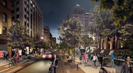Press kit | 952-28 - Press release | Sainte-Catherine St. West, Phillips Square and Place du Frère-André: uniting past and present - Provencher_Roy - Urban Design - Sainte-Catherine St. West, westbound, in front of Christ Church Cathedral, by night - Photo credit: Provencher_Roy