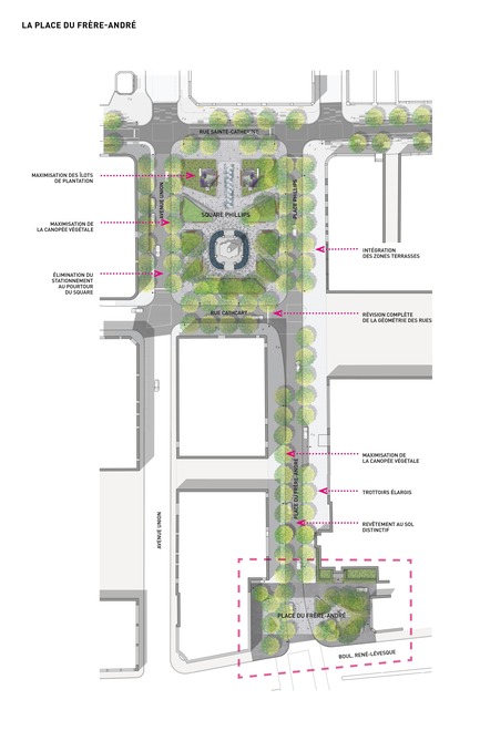 Press kit | 952-28 - Press release | Sainte-Catherine St. West, Phillips Square and Place du Frère-André: uniting past and present - Provencher_Roy - Urban Design - Plan of Square Philips and Place du Frère-André (french only) - Photo credit: Provencher_Roy