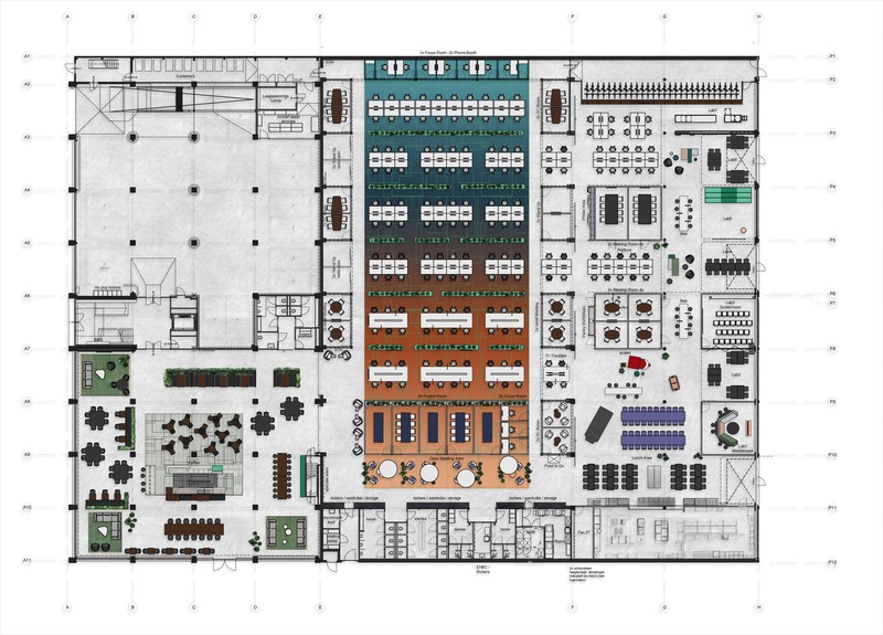 Press kit | 4695-01 - Press release | Sustainable transformed office The Core wins two Frame Awards - Large Office of the Year - CBRE Netherlands - Commercial Interior Design - Floor plan ground floor The Core – Top left: garage. Bottom left: Cafe. Centre: Workshop. Left: Client Lab. - Photo credit: CBRE Netherlands