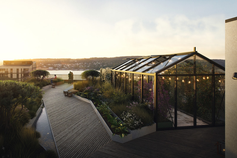 Press kit | 1378-01 - Press release | AART Designs a Paper-Like Landmark Building in Norway - AART - Residential Architecture - The roof top terrace has a greenhouse for the residents to enjoy. - Photo credit: Eve Images