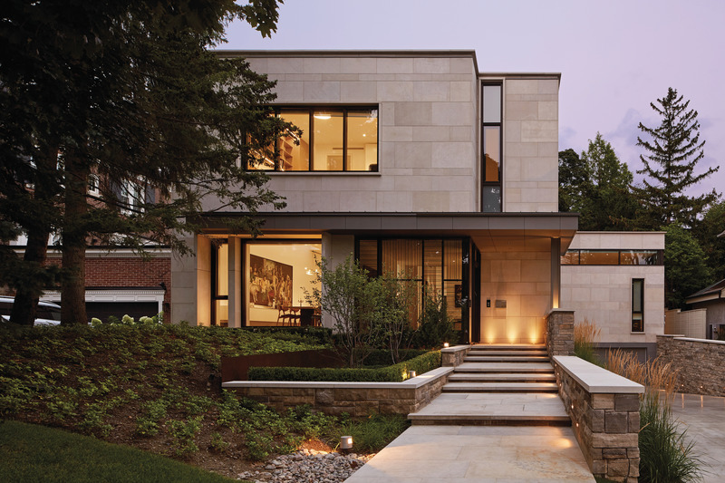 Press kit | 2941-01 - Press release | Russell Hill Road Residence - Taylor Smyth Architects - Residential Architecture - Exterior clad in large slabs of Indiana Limestone with a base of split faced Ontario Algonquin stone. - Photo credit: Ben Rahn/A-Frame